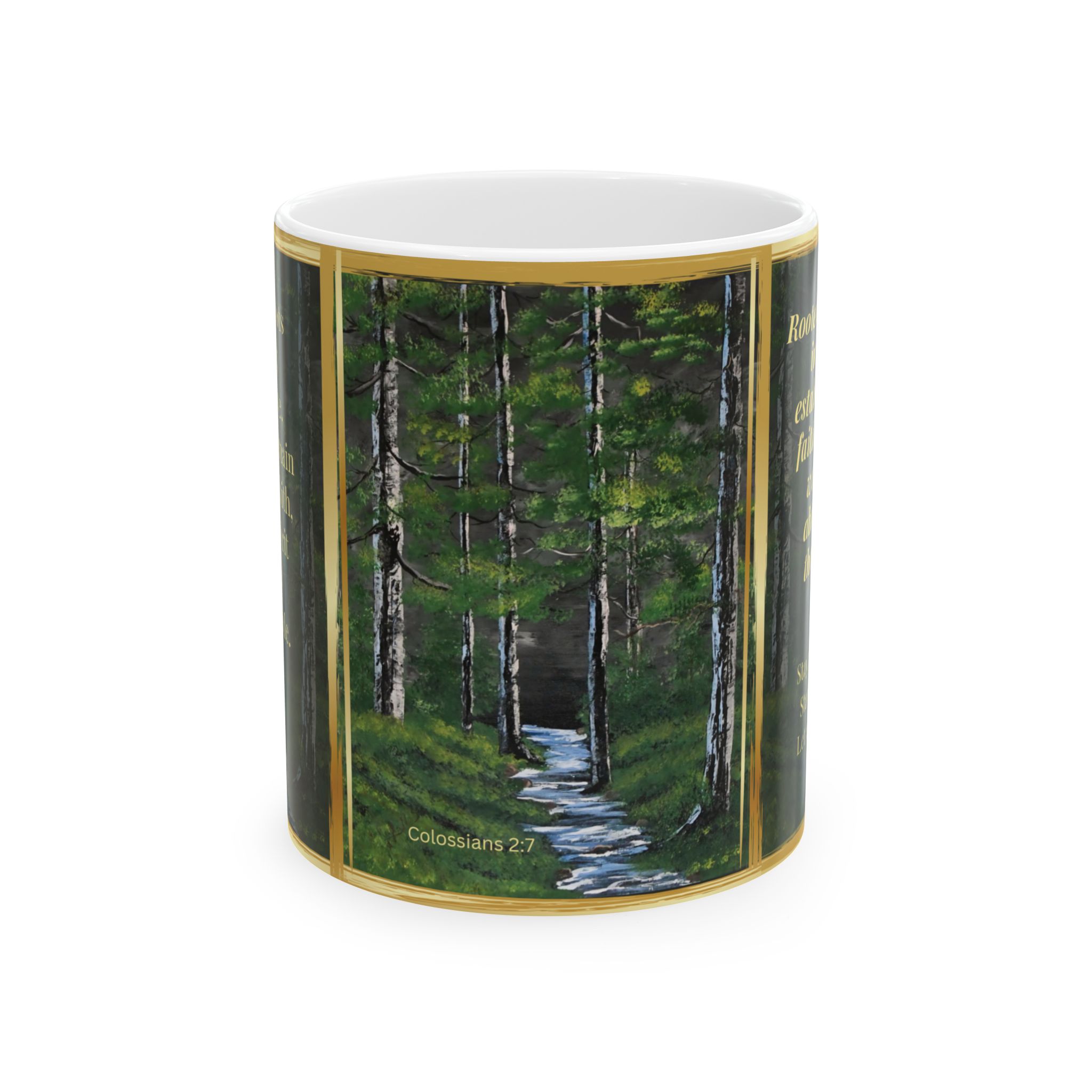 ROOTED IN FAITH – Christian Inspirational Coffee Mug | Colossians 2:7 | Original Forest Artwork | Faith & Gratitude Gift