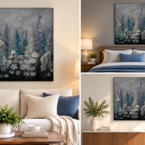 Blue & White Wildflowers – Floral Canvas Art Print | Soft Gray Botanical Wall Decor