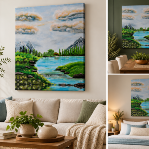 The River – Peaceful Mountain Lake Landscape | Stretched Canvas Wall Art
